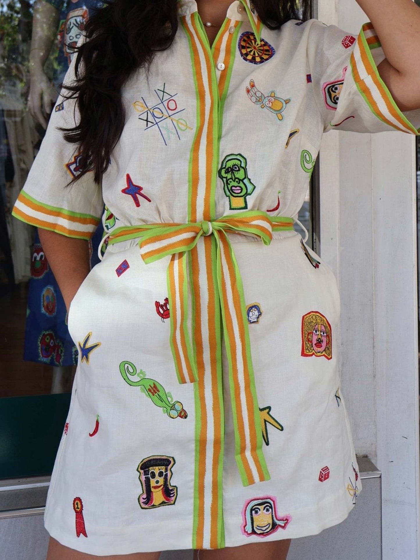 Vintage Graphic Print Mini Dress with Tie Waist