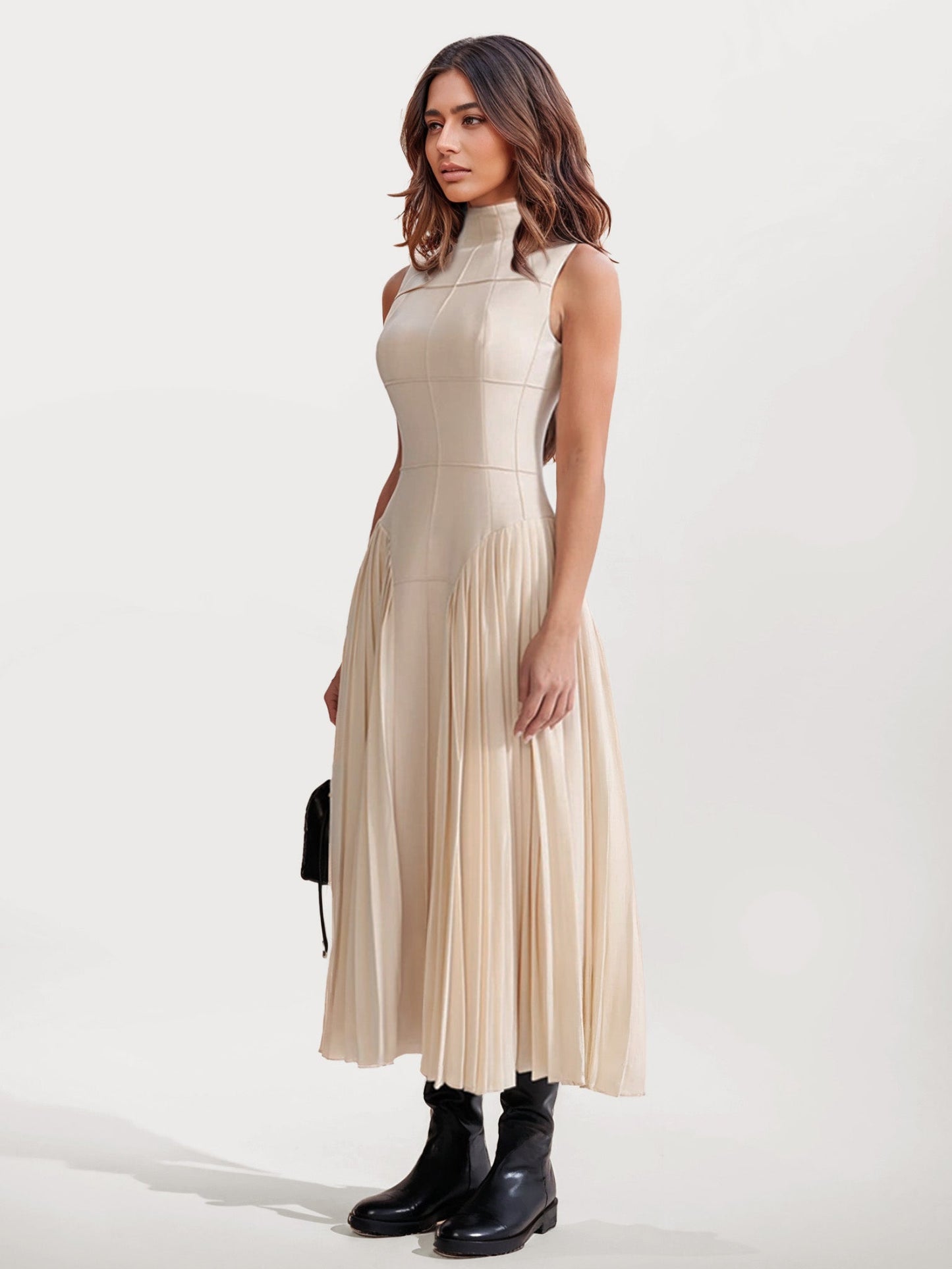 Pleated Midi Dress with Geometric Design