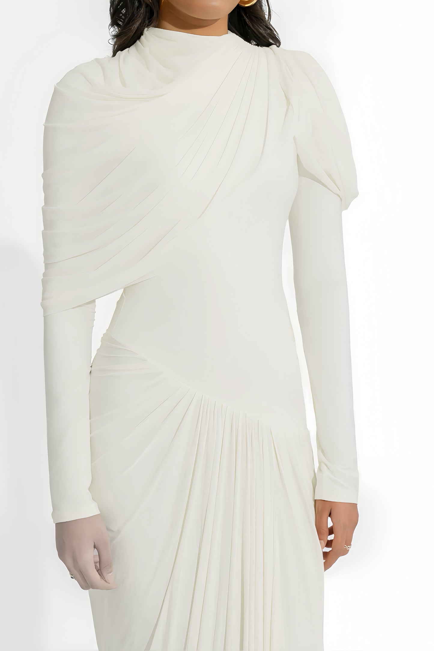Bronwyn White Draped Pleated Asymmetrical Maxi Dress