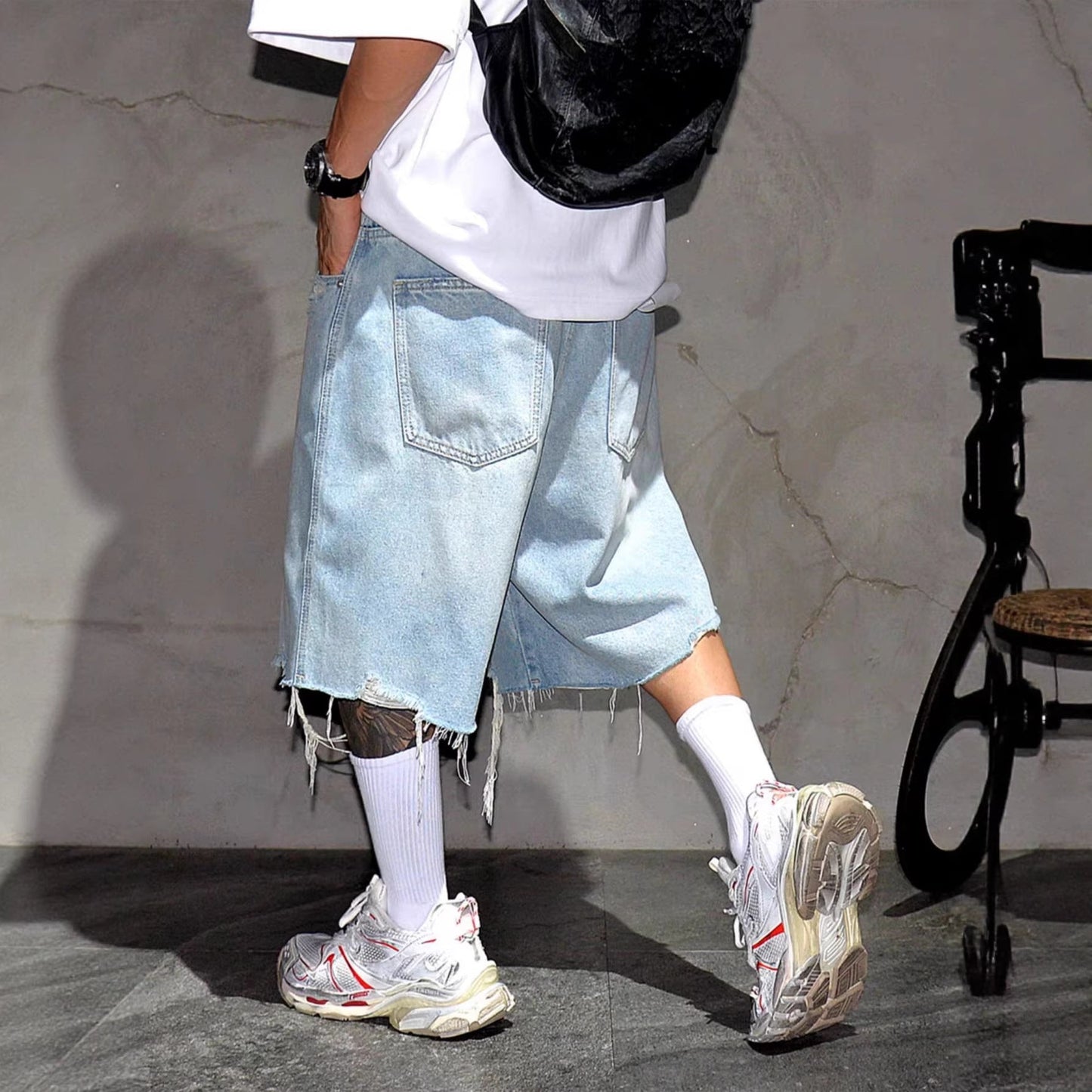 Men's Baggy Distressed Denim Shorts, Frayed Hem Ripped Knee Length Casual Summer Jean Shorts