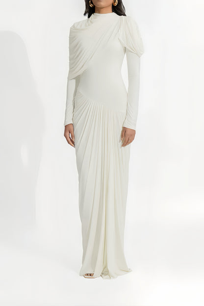 Bronwyn White Draped Pleated Asymmetrical Maxi Dress