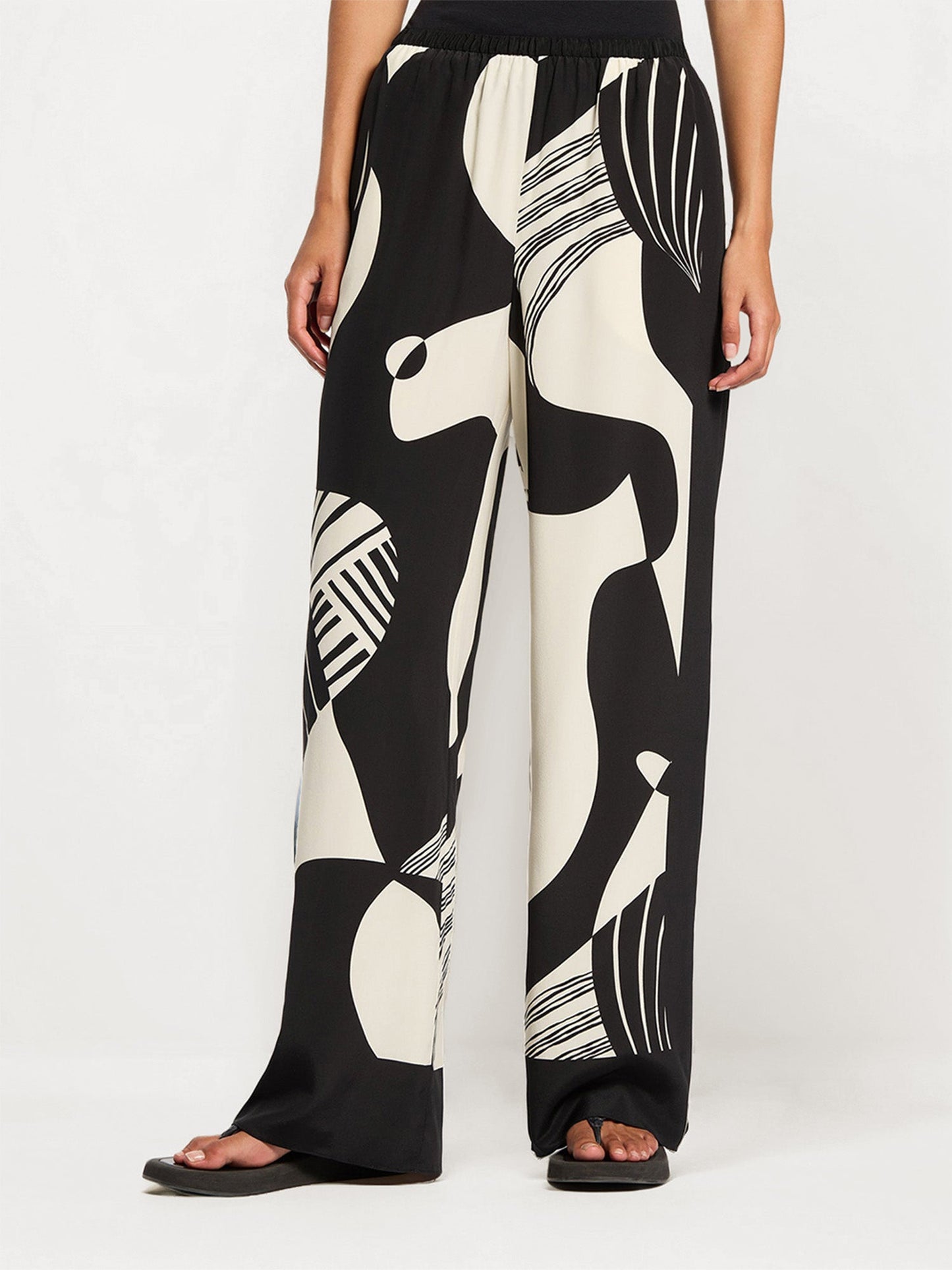 Abstract Black and White Print Wide-Leg Pants