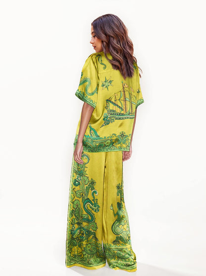 Floral Print Satin Loose-Fit Pants