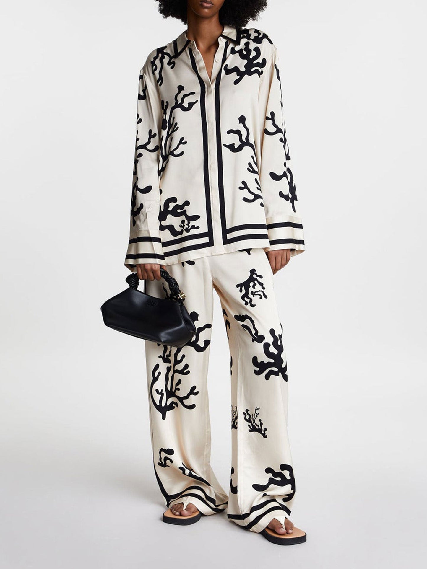 Black Coral Print Button-Up Shirt