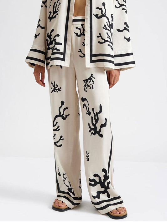 Black Coral Print Wide-Leg Pants