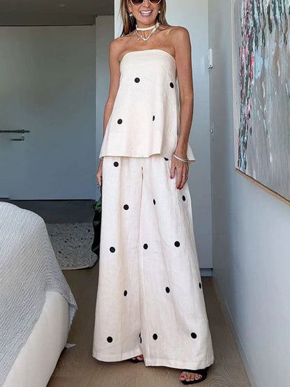 Classic Polka Dot Print Off-Shoulder Two-Piece Set