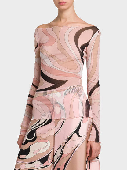 Mesh Long Sleeve Sheer Printed Top