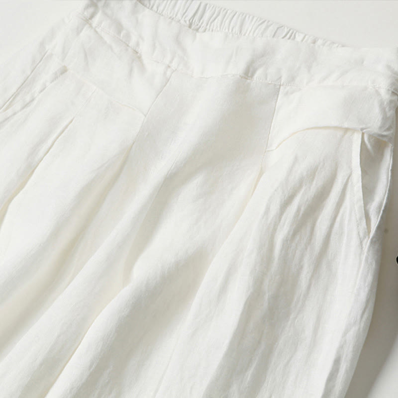 Lina Stones Plain Color Cotton Linen High Waist Wide Leg Pants With Pockets