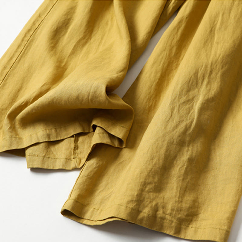 Lina Stones Plain Color Cotton Linen High Waist Wide Leg Pants With Pockets