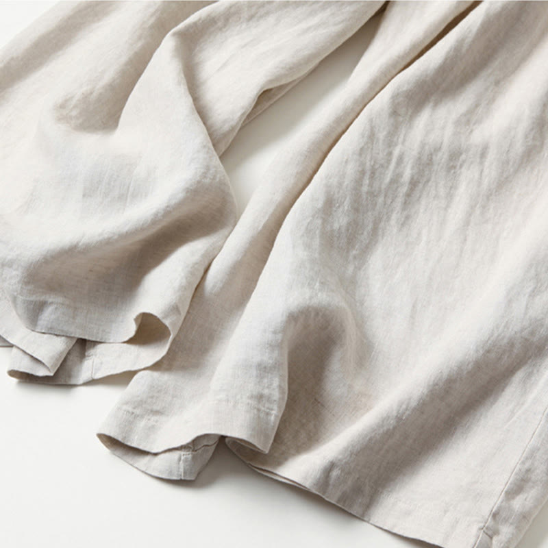 Lina Stones Plain Color Cotton Linen High Waist Wide Leg Pants With Pockets