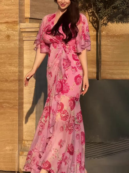 Retro V-neck trumpet sleeve printed dress