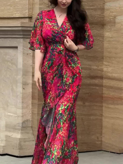 Retro V-neck trumpet sleeve printed dress