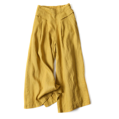 Lina Stones Plain Color Cotton Linen High Waist Wide Leg Pants With Pockets
