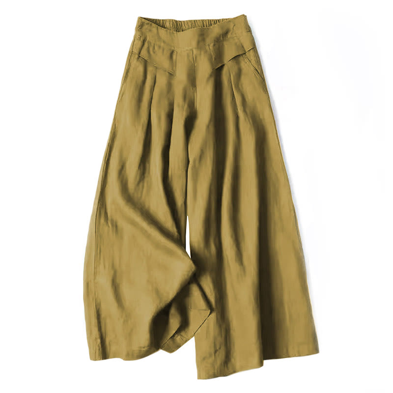 Lina Stones Plain Color Cotton Linen High Waist Wide Leg Pants With Pockets