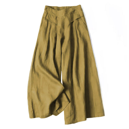 Lina Stones Plain Color Cotton Linen High Waist Wide Leg Pants With Pockets