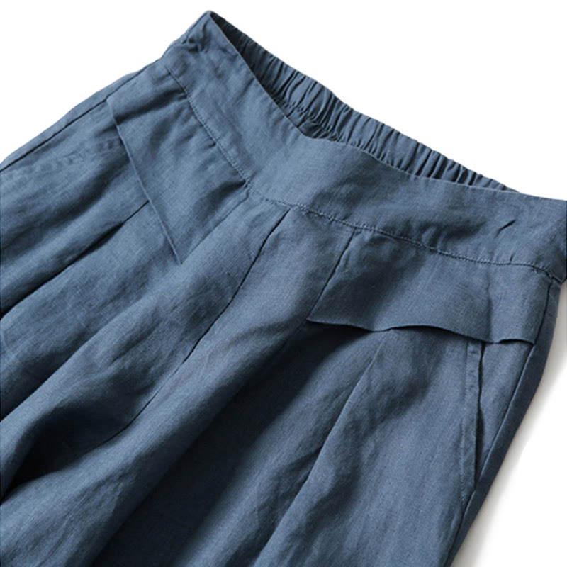 Lina Stones Plain Color Cotton Linen High Waist Wide Leg Pants With Pockets