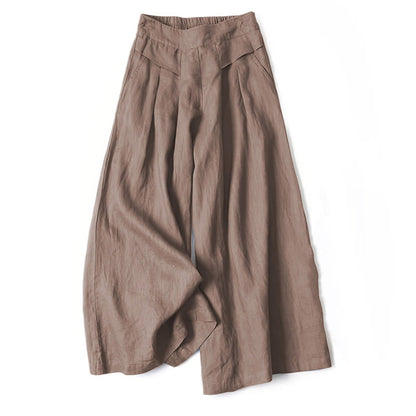 Lina Stones Plain Color Cotton Linen High Waist Wide Leg Pants With Pockets