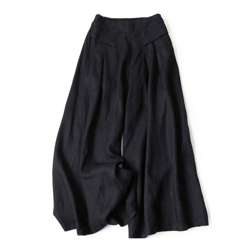 Lina Stones Plain Color Cotton Linen High Waist Wide Leg Pants With Pockets