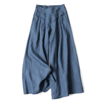 Lina Stones Plain Color Cotton Linen High Waist Wide Leg Pants With Pockets