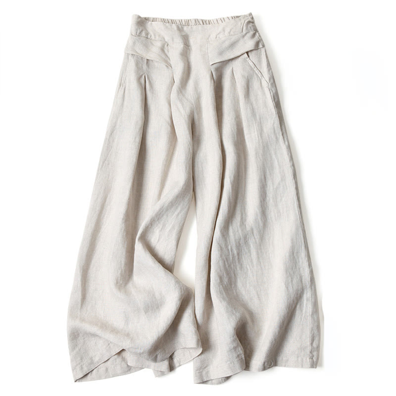 Lina Stones Plain Color Cotton Linen High Waist Wide Leg Pants With Pockets