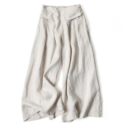 Lina Stones Plain Color Cotton Linen High Waist Wide Leg Pants With Pockets