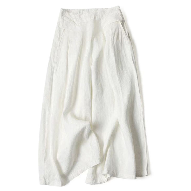 Lina Stones Plain Color Cotton Linen High Waist Wide Leg Pants With Pockets