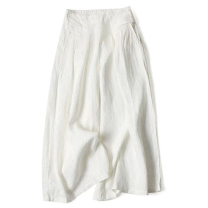 Lina Stones Plain Color Cotton Linen High Waist Wide Leg Pants With Pockets