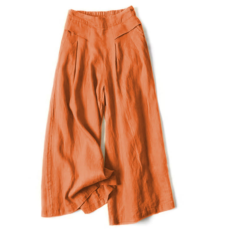 Lina Stones Plain Color Cotton Linen High Waist Wide Leg Pants With Pockets