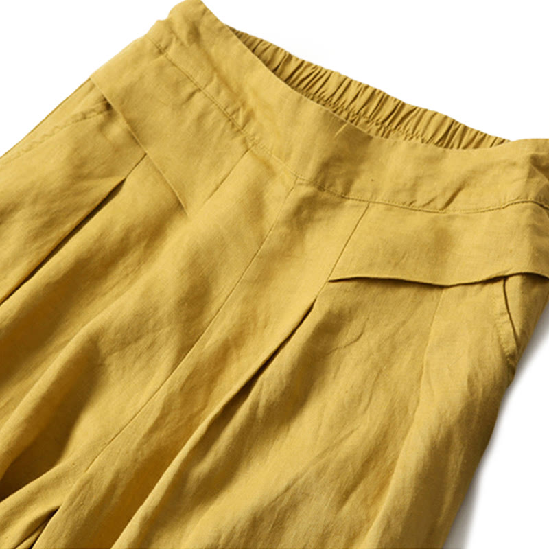 Lina Stones Plain Color Cotton Linen High Waist Wide Leg Pants With Pockets