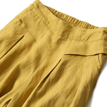 Lina Stones Plain Color Cotton Linen High Waist Wide Leg Pants With Pockets