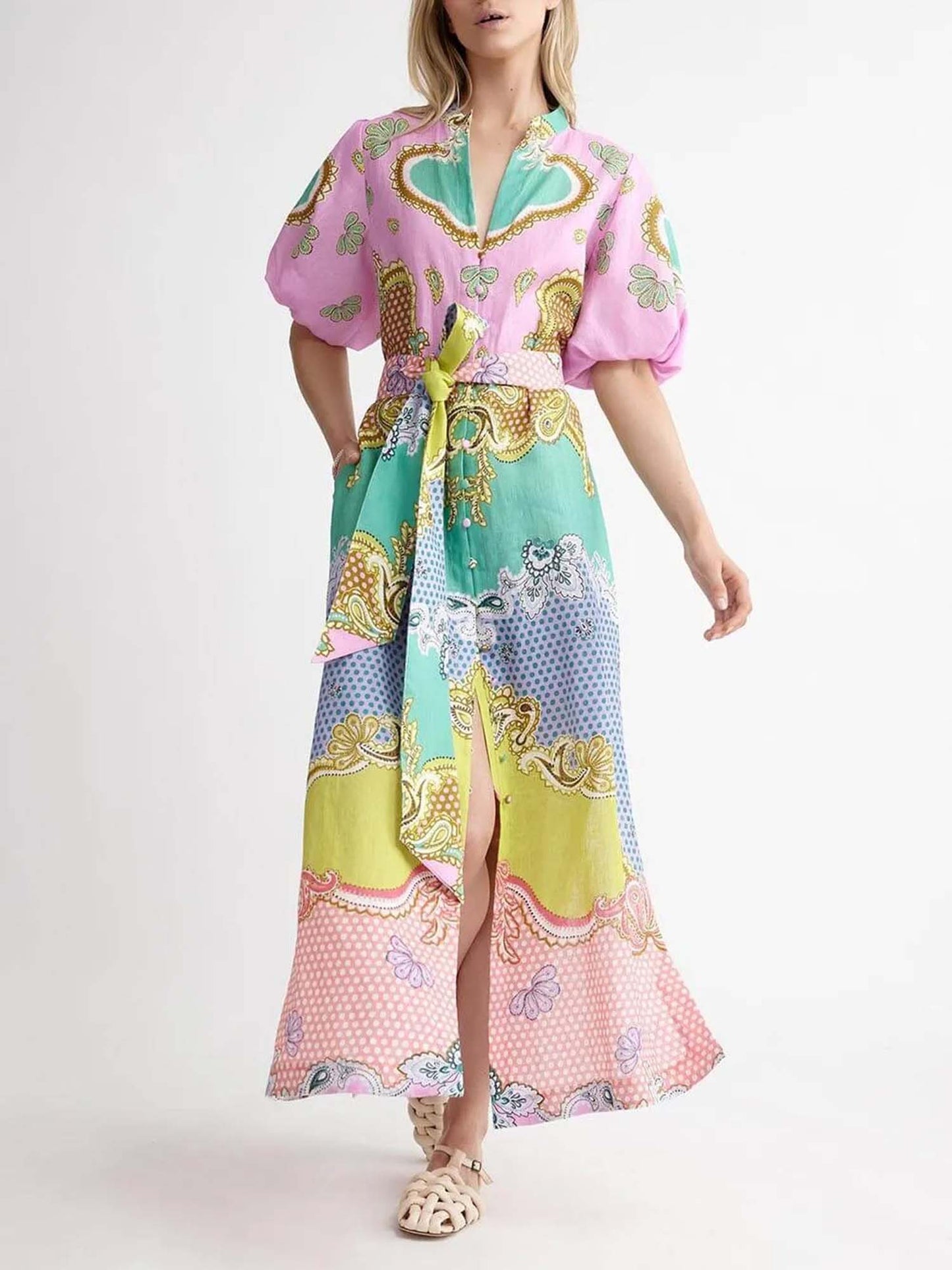 Candy Mosaic Belted Shirt Maxi Dress