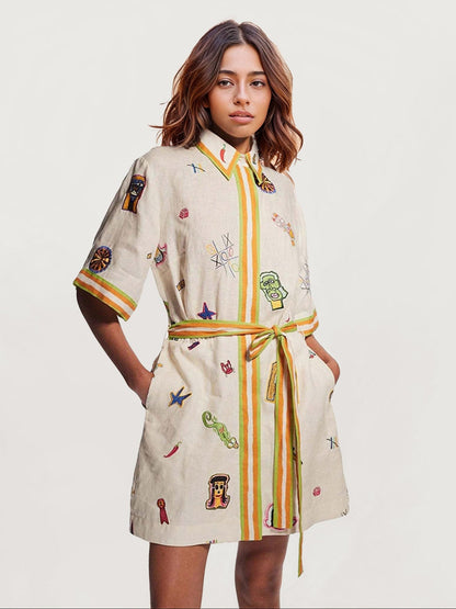 Vintage Graphic Print Mini Dress with Tie Waist