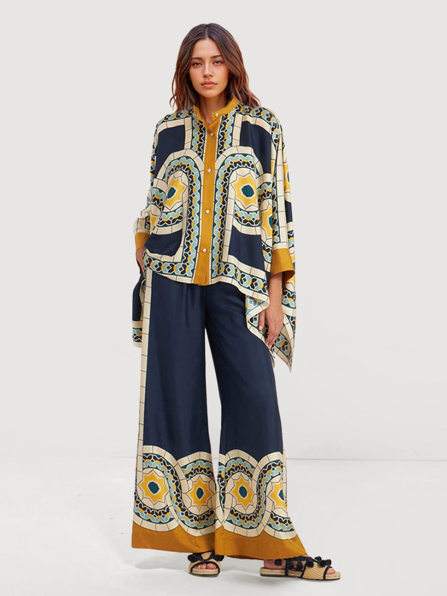 Geometric Print Oversized Button-Up Shirt