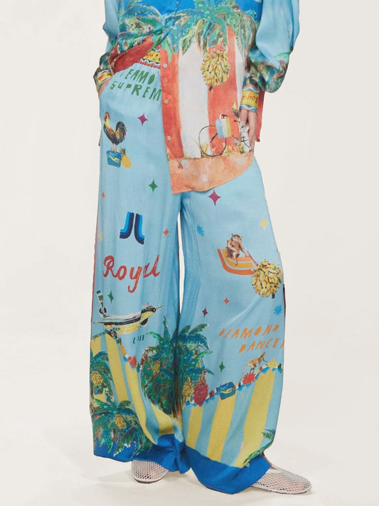 Loose-Fit Satin Pants with Unique Painted Print