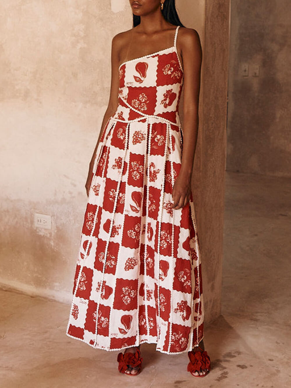 Unique Printed Floral Trim One Shoulder Flared Maxi Dress
