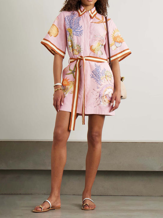 Coral Reef Print Belted Mini Dress