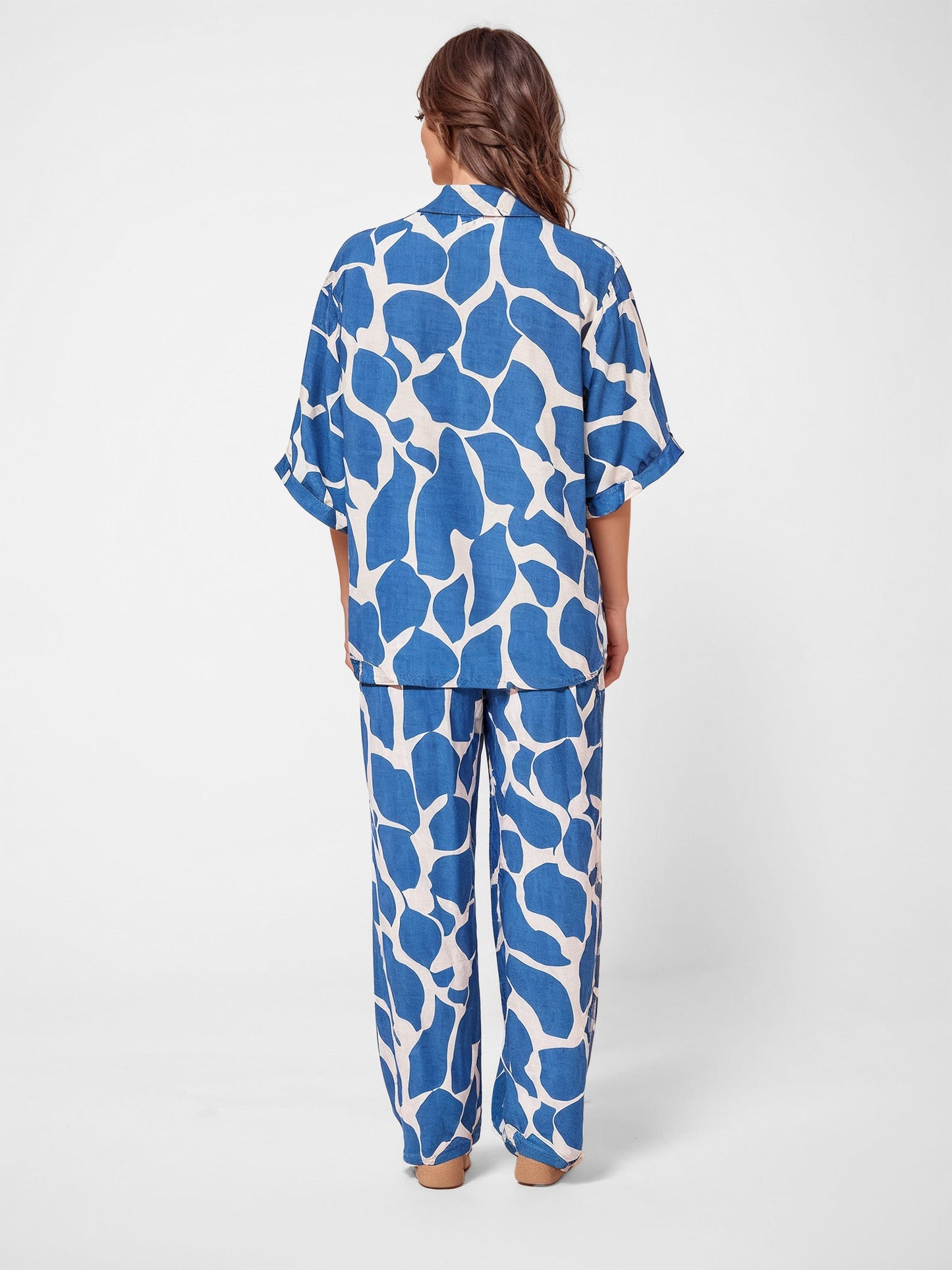 Ocean Wave Print Oversized Button-Up Shirt