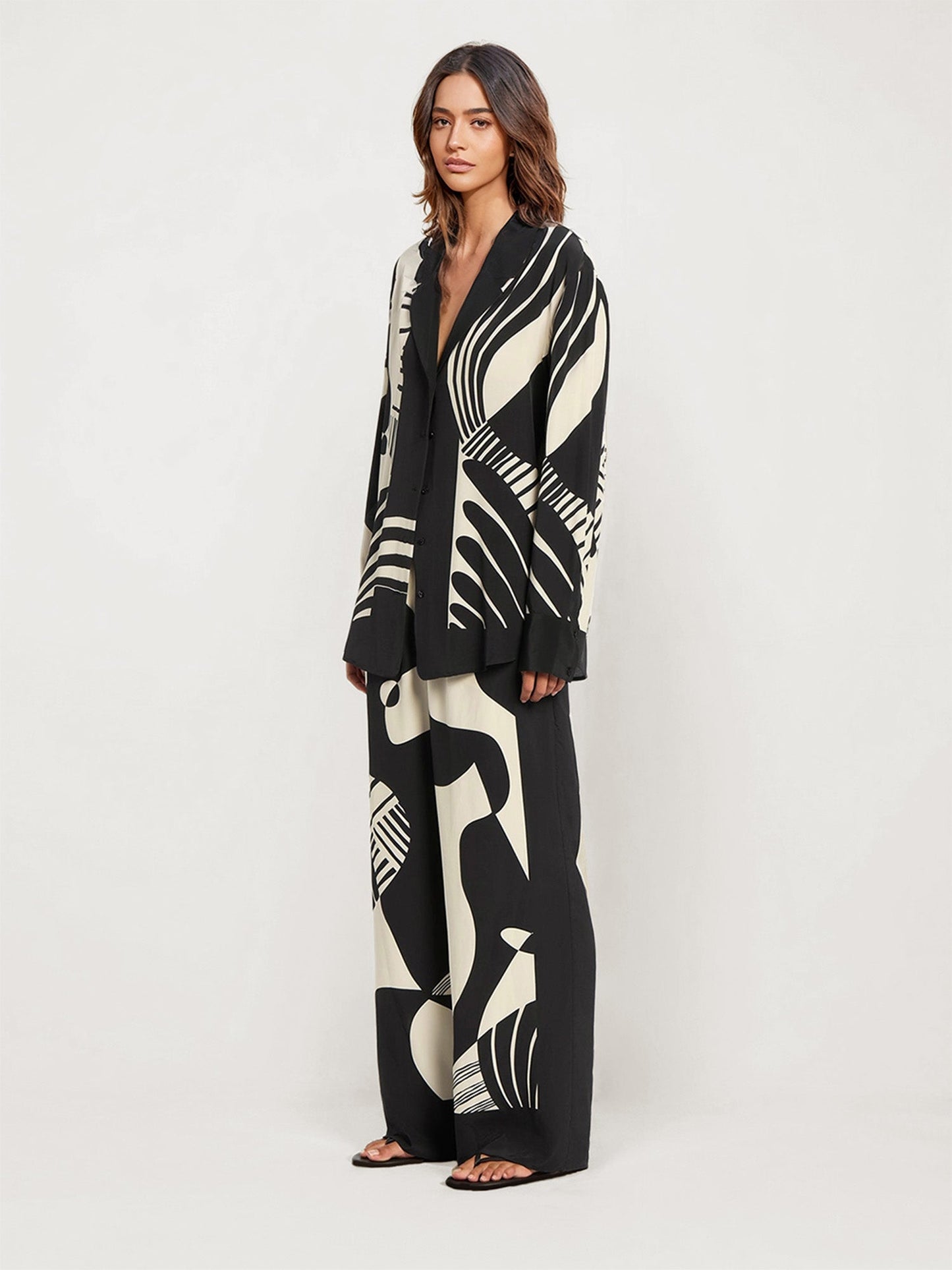 Abstract Black and White Print Button-Up Shirt