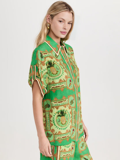 Green Paisley Print Button-Up Shirt