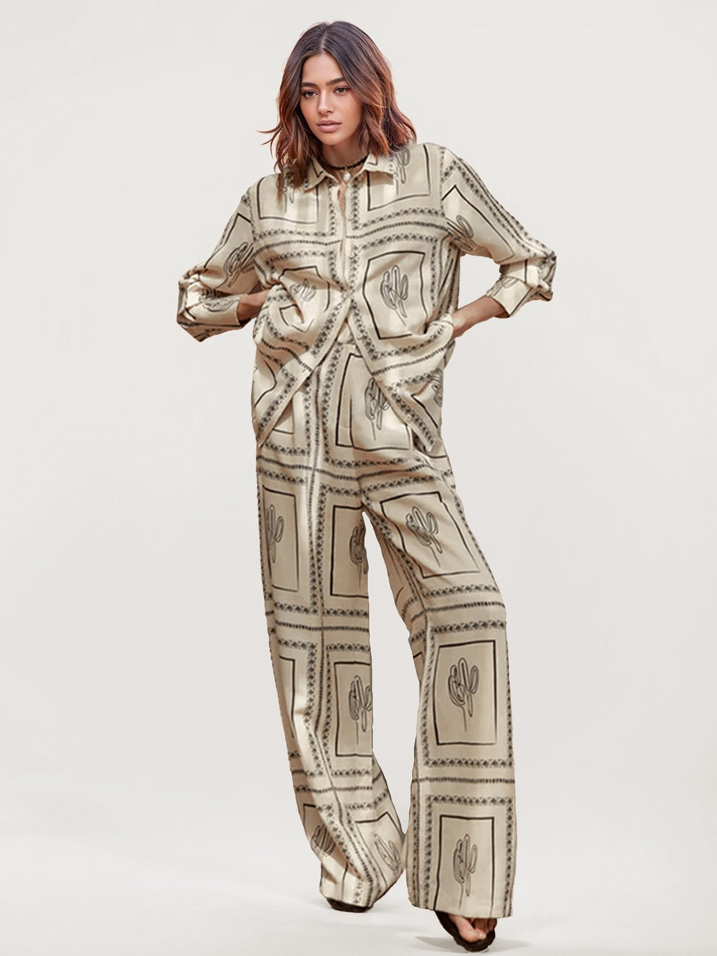 Cactus Print High-Waisted Pants