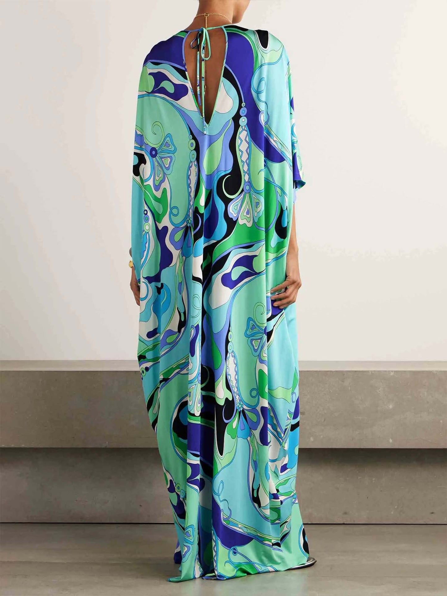 Blue Wave Print Kaftan Maxi Dress