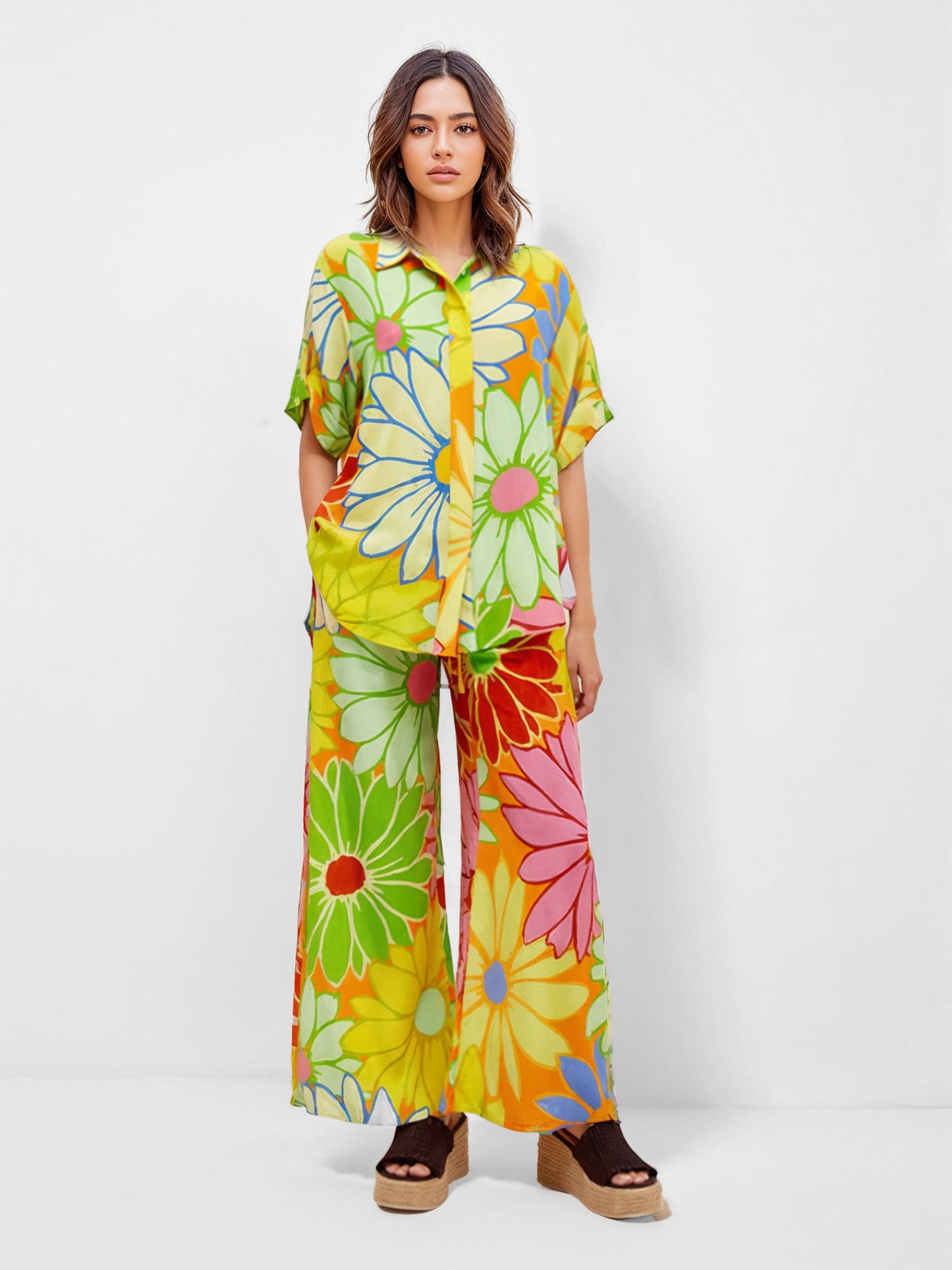 Bold Floral Print Wide-Leg Pants