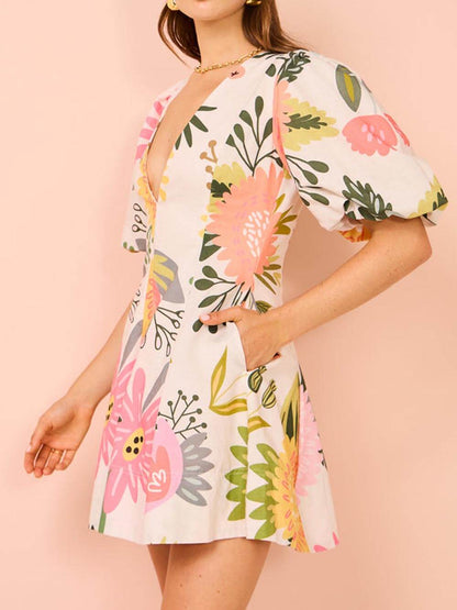 Puff Sleeve Floral Print Pocketed Mini Dress
