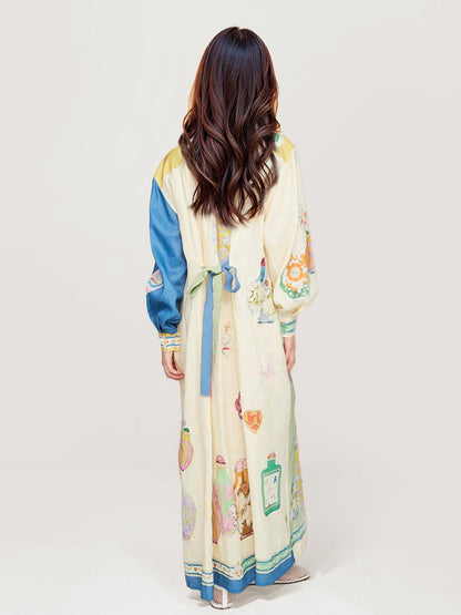 Boho Floral Print Maxi Dress with Waist Tie