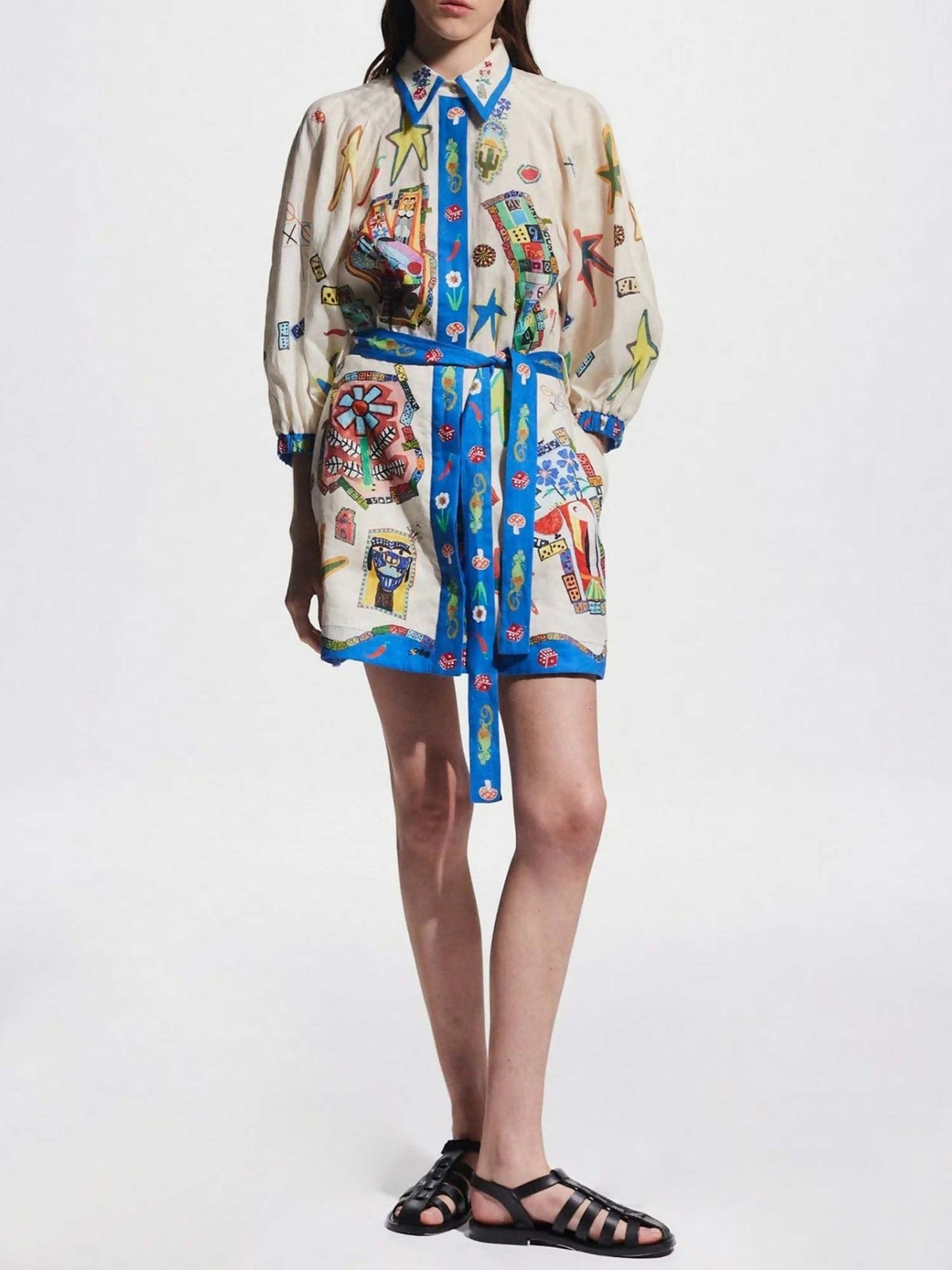 Tropical Print Mini Dress with Belt