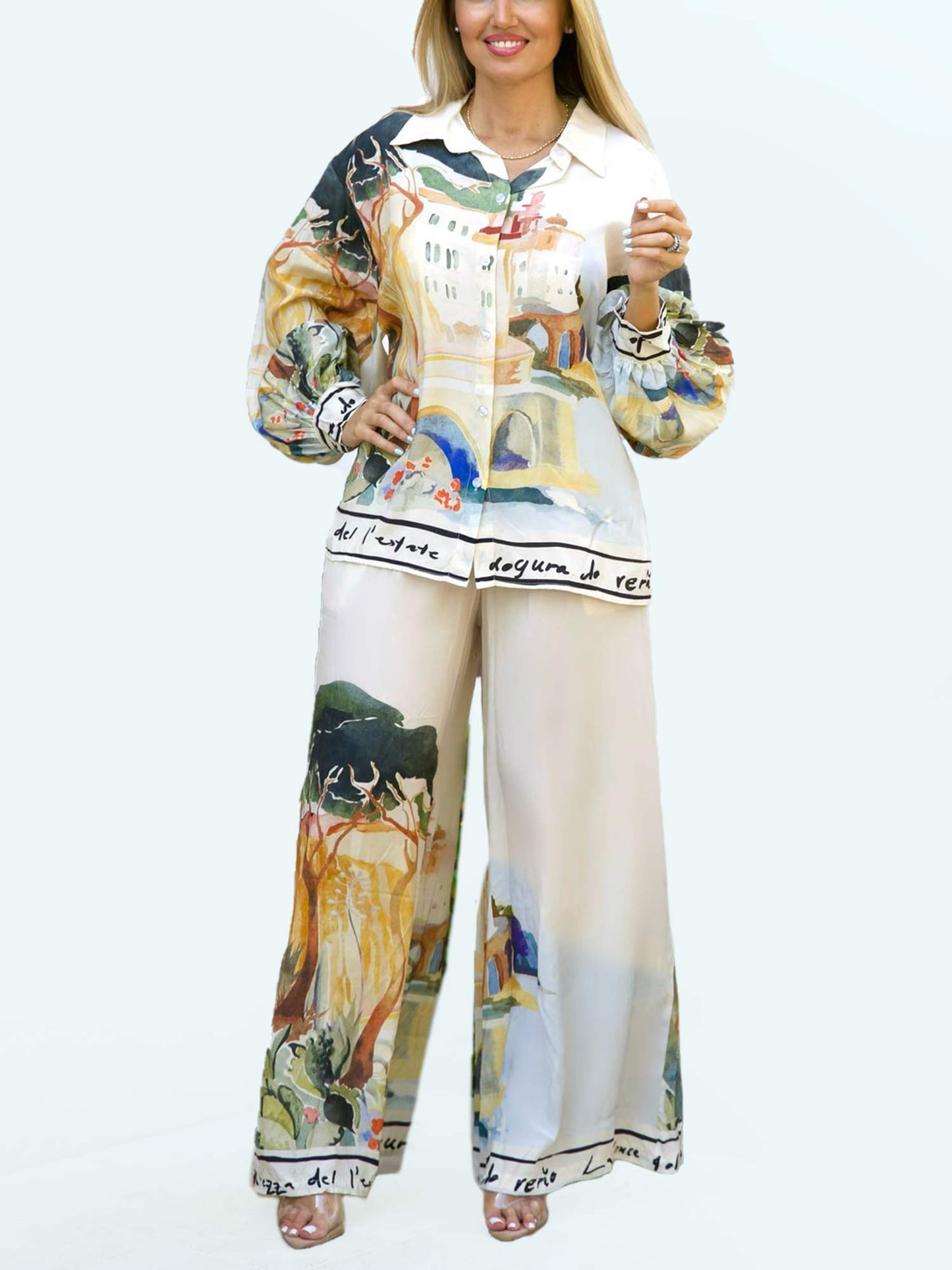 Artful Print Wide-Leg Pants