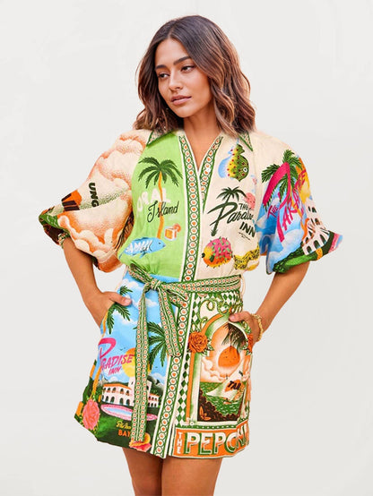Tropical Graphic Print Mini Shirt Dress