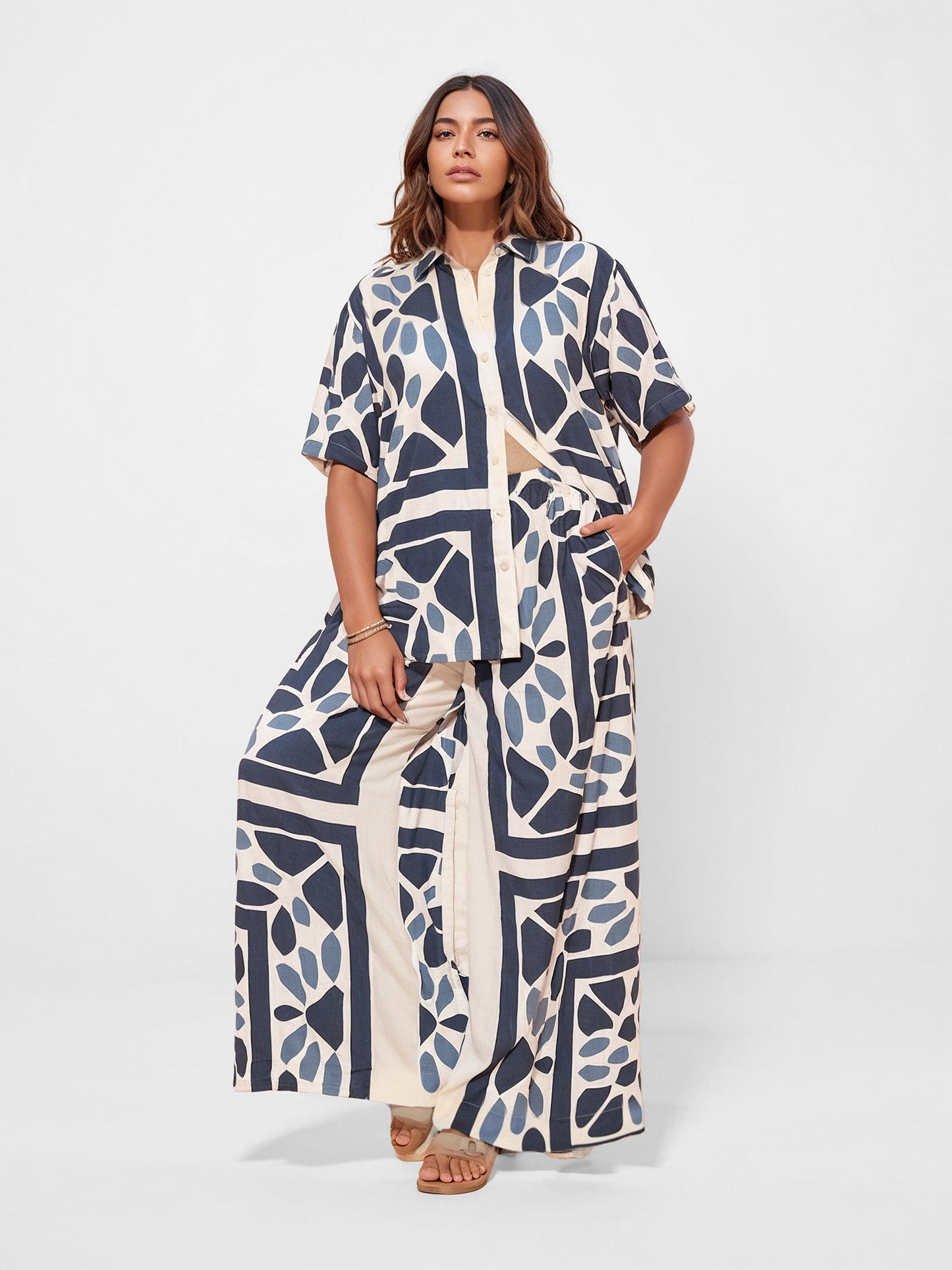 Modern Geo Print Oversized Button-Up Shirt