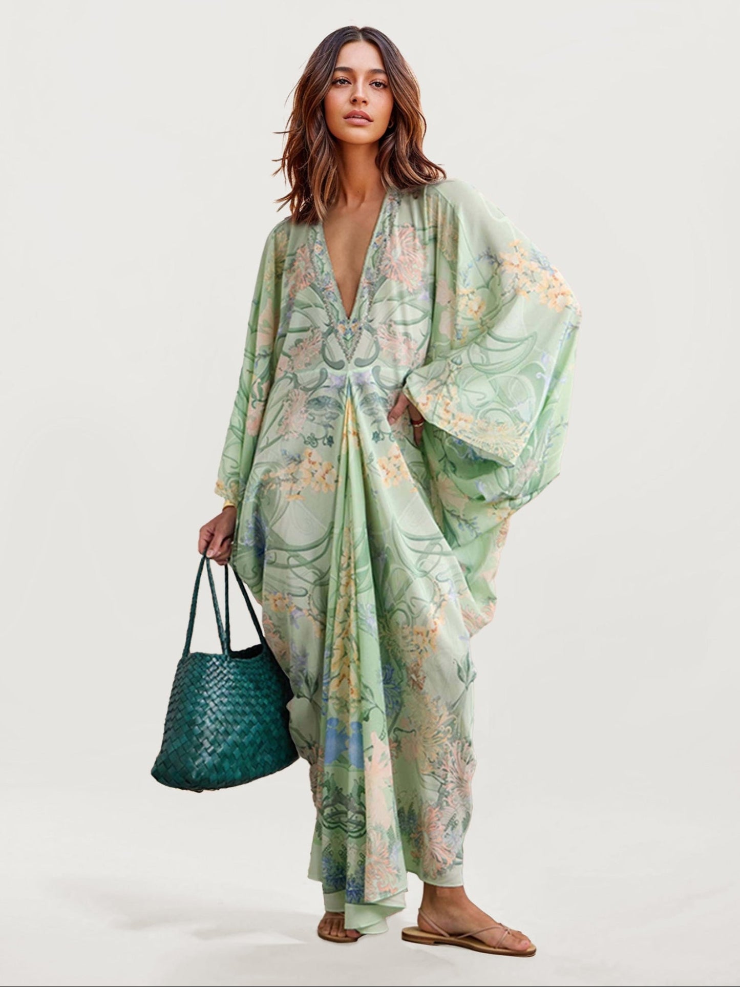 Green Floral Plunge Maxi Dress