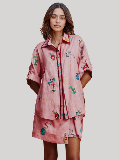 Pink Floral Embroidered Two-Piece Set